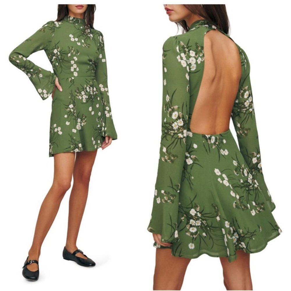 Reformation Green Floral Long Sleeve Dress